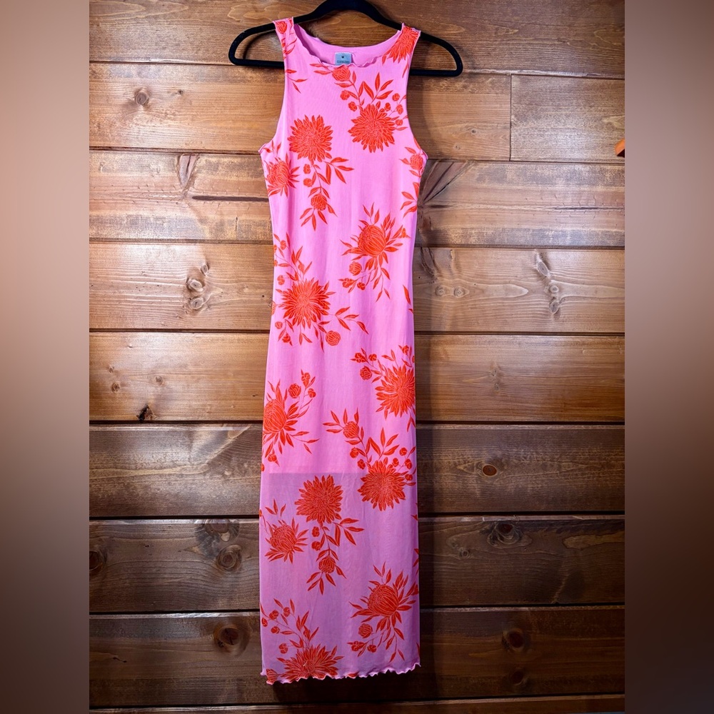Floral Pink and Red Sleeveless Stretchy Maxi Dress Medium